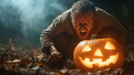 An intense man with a menacing expression crouches beside a glowing Jack-o'-lantern, evoking fear and suspense in a dark, foggy environment.
