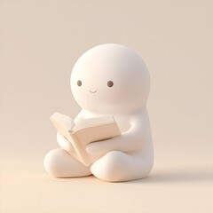 Minimalistic, adorable 3D character reading a book, set against a soft beige background. Perfect for themes of learning, mindfulness, education, relaxation, and reading.