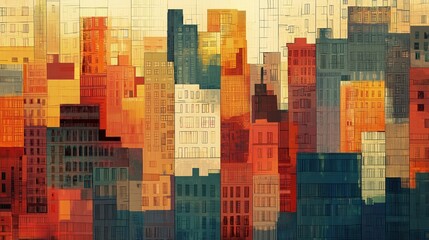 Layers of geometrically arranged buildings in vibrant hues create a visually striking abstract representation of urban land. The artwork captures a cityscape at dusk, blending warm and cool colors 