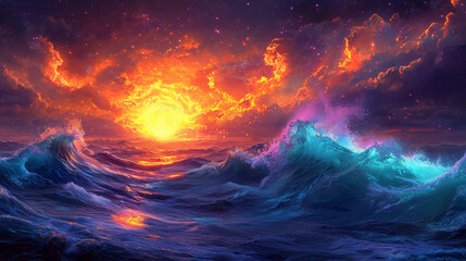 fiery cosmic sunrise ignites ocean waves, casting vibrant hues across a dynamic sea canvas