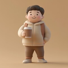 Charming 3D illustration of a cheerful character holding a coffee cup, dressed warmly with a hoodie and backpack. Minimalist design perfect for themes of relaxation, travel, or lifestyle.