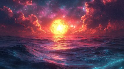 Obraz premium cosmic sunrise over ocean waves, casting vibrant glows and starlit shadows across the surreal seascape