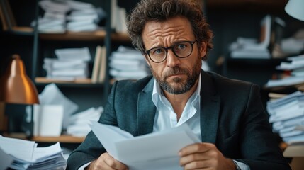 Obraz premium A thoughtful man with glasses sits in a cluttered office, intensely reviewing papers, symbolizing concentration and diligence amidst a chaotic workspace.