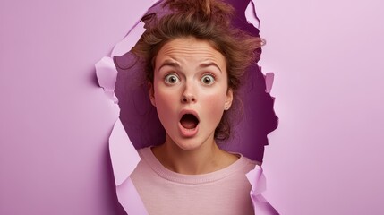 A woman with an astonished expression breaks through a purple paper wall, with wide eyes and open...