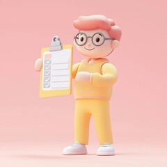 3D illustration of a cheerful character with glasses holding a checklist clipboard, symbolizing productivity and organization. Ideal for concepts like tasks, goals, and planning.