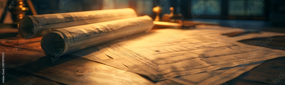 Poster a warm, inviting scene of ancient scrolls and detailed maps resting on a wooden table, illuminated b