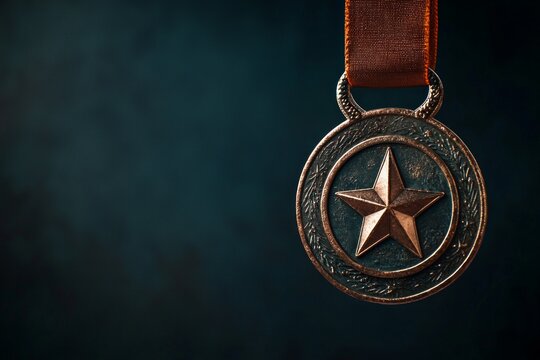 An award medal with a ribbon hanging on a dark blue background, there's a star on the medal