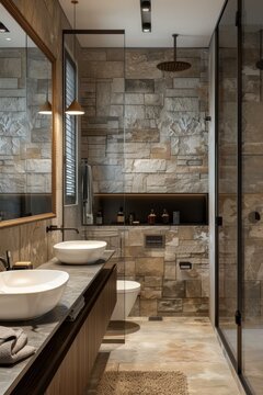 Modern Rustic Bathroom Design with Stone Walls