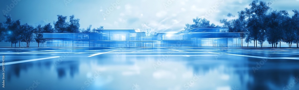 Poster a modern architectural structure surrounded by trees and water, depicted in a serene blue color pale