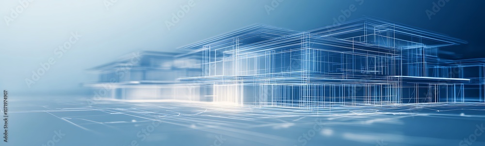 Leinwandbilder A futuristic digital landscape with glowing lines and points, representing a network or technological framework in a blue-toned environment.