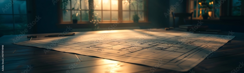 Poster a serene room with a detailed map on a wooden table, illuminated by soft sunlight streaming through 