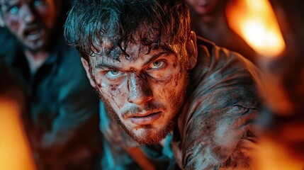 Obraz premium A grimy and intense survivor emerges from a fiery background, highlighting themes of determination, resilience, and survival in a chaotic environment.