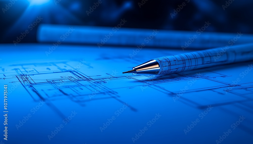Poster a close-up of a silver pen resting on a blueprint, highlighting the intricate design details under a