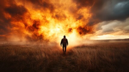 Fototapeta premium A lone figure walks into a dramatic, fiery horizon in a field, evoking a sense of adventure and power with a backdrop of intense orange and black clouds.