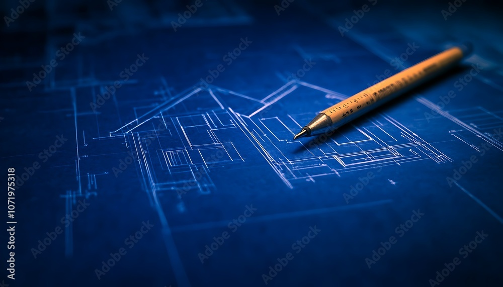 Poster a close-up of architectural blueprints with a pen resting on top, highlighting the design of a house