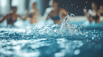 Dynamic water splash in pool with blurred swimmers