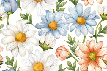 Fototapeta premium Seamless floral pattern with blue, white, and peach daisies
