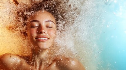 Fototapeta premium A serene woman with closed eyes seems submerged in water, her facial features relaxed, as radiant light illuminates her amidst a tranquil aquatic environment.
