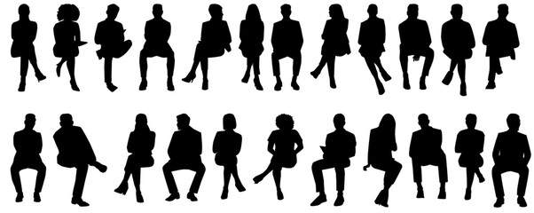 Silhouettes of business people, men and women sitting full length. Vector illustration isolated on transparent background.