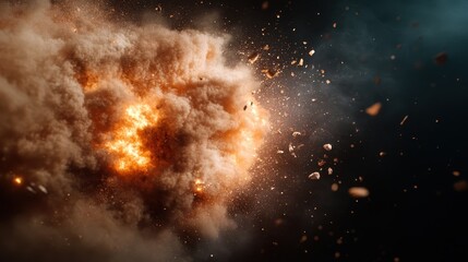 Fototapeta premium A striking image of a fiery explosive impact, where billowing clouds of smoke rise into the sky, capturing the raw power and unleashed energy, debris scatters widely.