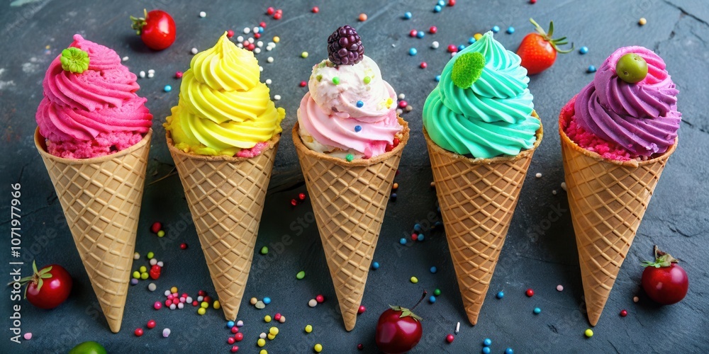Poster a colorful assortment of ice cream cones decorated with sprinkles and berries on a dark surface