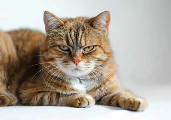 A ginger cat is lying on a white surface