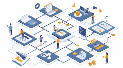 Fototapeta premium A digital workflow illustration depicting interconnected tasks and users in a tech environment.