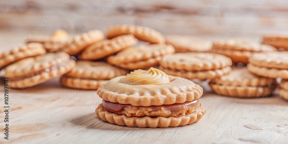 Poster a close-up of a single caramel-filled cookie with a dollop of creamy filling on top, surrounded by a