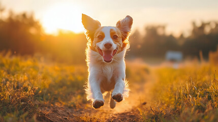 A happy dog running joyfully in a field during sunset, carefree and energetic -