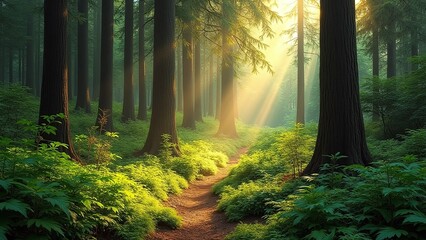 Obraz premium Daytime forest scene, verdant and sunlit