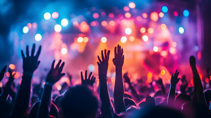 A vibrant summer music festival crowd with hands in the air and stage lights in the background -