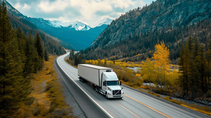 A white cargo truck with an empty trailer on a highway road in the United States, surrounded by beautiful nature -