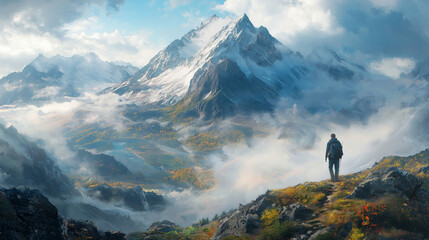 Solo Hiker Exploring Misty Mountain Landscape at Sunrise