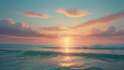 Fototapeta premium A beautiful sunset over the serene ocean with soft waves lapping against the shore and colorful clouds filling the sky