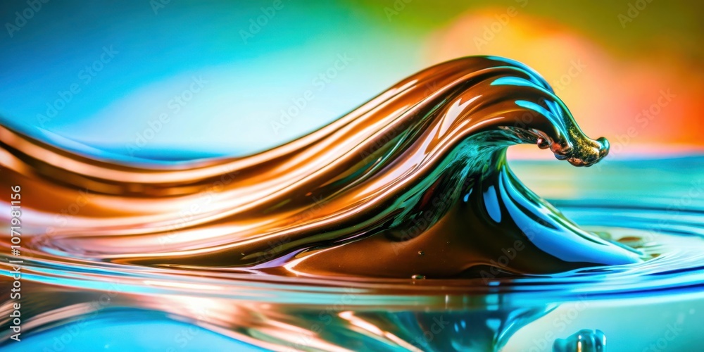 Poster a wave of liquid forms a captivating curve with vibrant blue and orange hues reflecting the surround