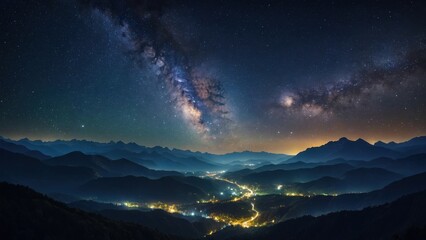 Fototapeta premium Night sky filled with stars and the Milky Way over a serene mountain valley at twilight