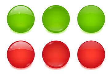 Icons of 3d red and green round web buttons in active, hover and pressed state. Ui elements of internet site, game or app interface. Glossy circle badges, vector illustration