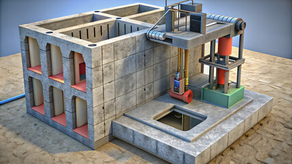 detailed 3D model of construction site featuring concrete structure with machinery. scene showcases various construction elements and tools, emphasizing industrial design