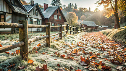 fallen leaves in the village in autumn with a view of frozen fences, dry grass, autumn leaves in frost,