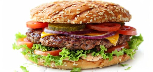 Delicious burger with sesame seed bun, juicy beef patty, fresh lettuce, ripe tomato, pickles, and cheddar cheese on a white isolated background.