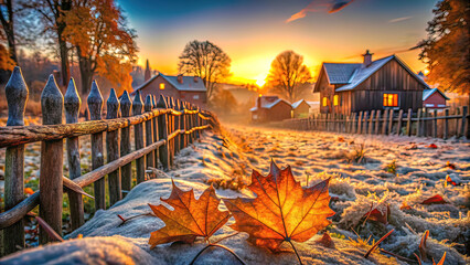 fallen leaves in the village in autumn with a view of frozen fences, dry grass, autumn leaves in frost,