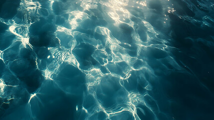 Fototapeta premium Clear water ripples texture, showcasing blue surface with sunlight reflections for a calming, minimalist design -