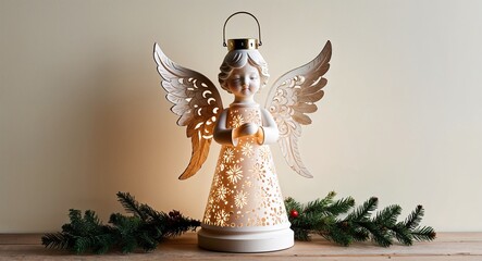 Fototapeta premium Christmas angel lantern with delicate carvings on plain cream background