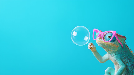 Quirky Chameleon Wearing Pink Glasses Blowing A Bubble. Copy space.