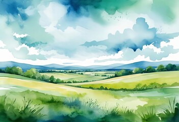 Obraz premium A watercolor landscape with blue sky, white clouds, and a green field