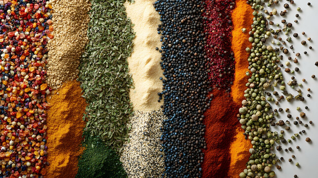 Colorful array of various spices displayed on white background, showcasing vibrancy and culinary creativity -