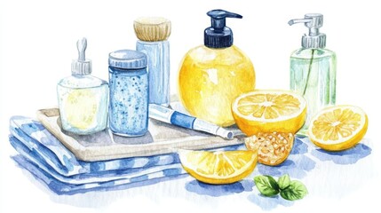 Obraz premium A vibrant display of skincare products with fresh lemons and towels, promoting wellness.
