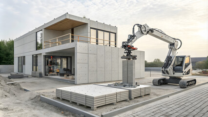 Modern construction site featuring robotic arm assembling concrete panels, showcasing innovative building techniques and contemporary design