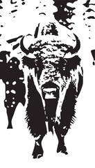 Fototapeta premium Snowy bison in nice winter nature, white background, snowing and wind low blowing