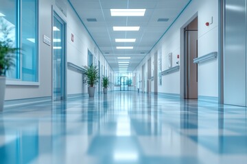 Fototapeta premium A long hallway with a white wall and blue floor